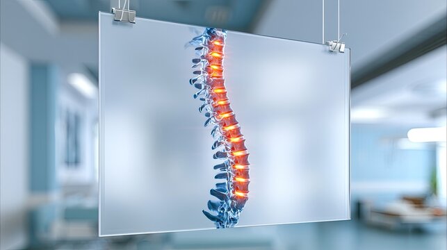 Illuminated spine model showing inflammation in a sterile, modern medical facility