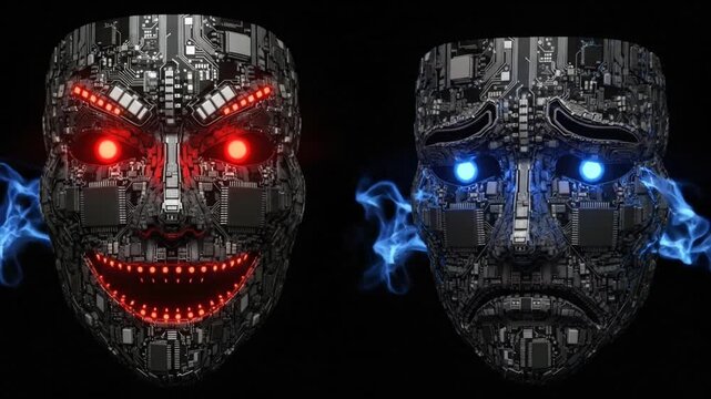AI Robotic Masks with Glowing Red Smile and Blue Sad Face representing emotional duality in high-tech digital art.