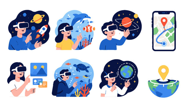 Set of virtual reality and navigation themed vector illustrations
