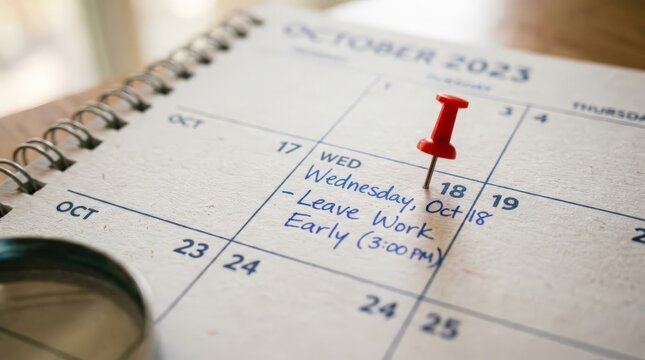 A close-up of a desk calendar for October 2023 showing a note Leave Work Early pinned with a red push pin, marking a specific day in a corporate office workspace