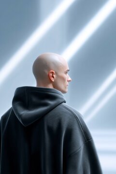 a man with a bald head wearing a black hoodie, in the middle of an empty room illuminated by light beams