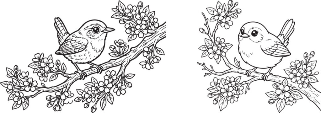 Birds on blossoming branch, black and white vector illustration with transparent background, bird, avian, songbird