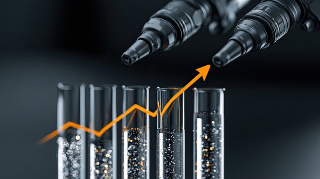 Close-up of automotive fuel injectors above test tubes with rising graph