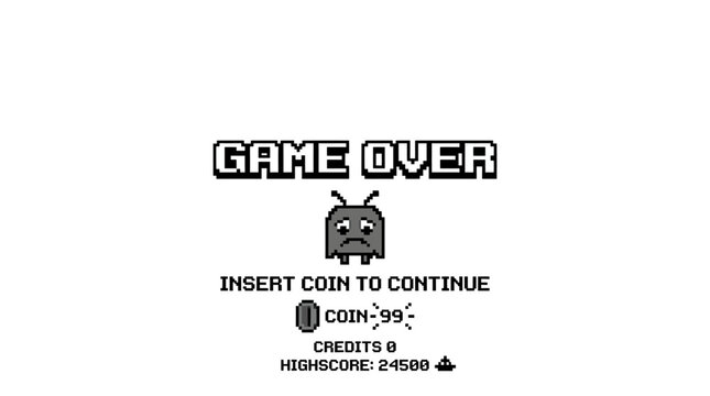 Retro arcade video game over screen with pixel art character.