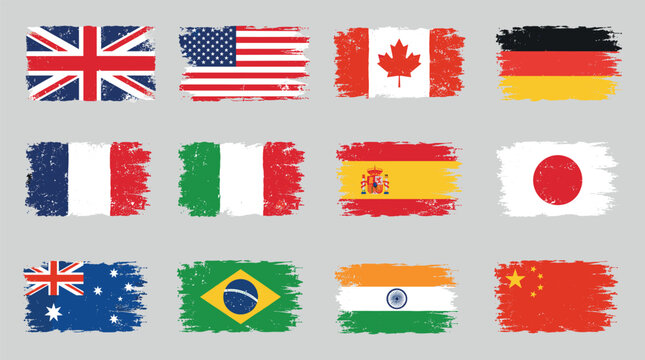 World flags grunge brush strokes set 