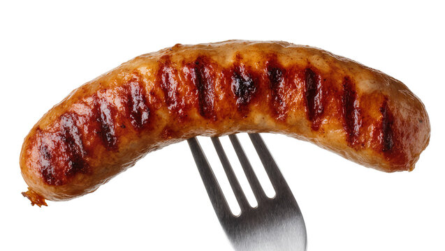 Isolated delicious grilled sausage on a metal fork, perfectly cooked and ready to serve.