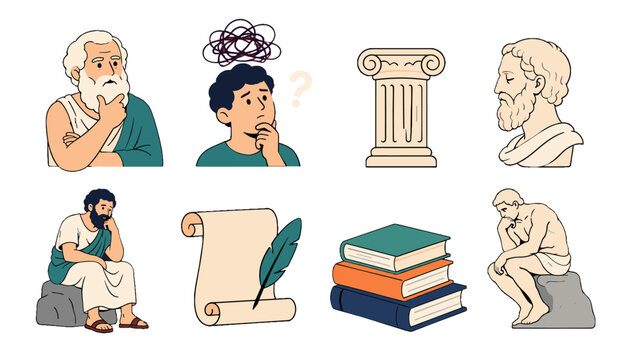 Set of philosophy symbols with thinkers books and column