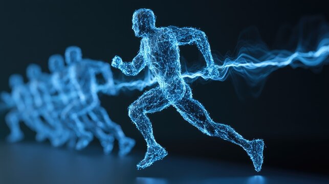 Energetic glowing figures of runners, trails of light in motion