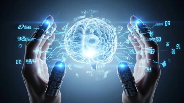 Artificial intelligence neural interface showing hands connecting to a digital brain with glowing energy beams and data overlays.