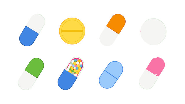 Set of colorful medicine pills and tablets isolated on white