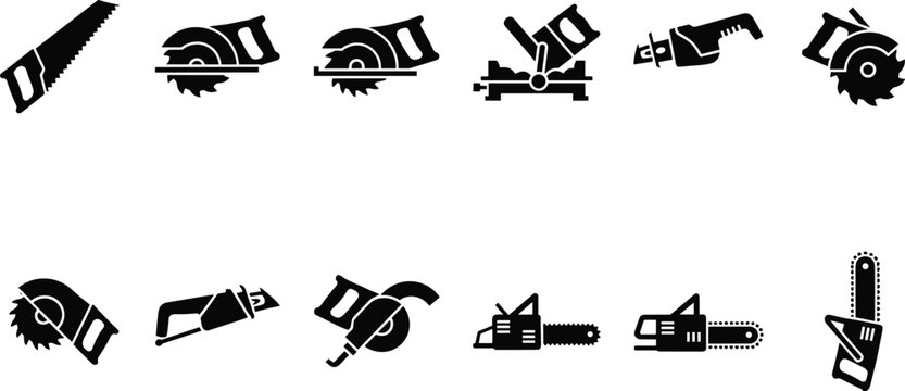 Saw icon set, cutting tool silhouettes, woodworking equipment illustration, construction design, minimal black graphic collection for carpentry projects