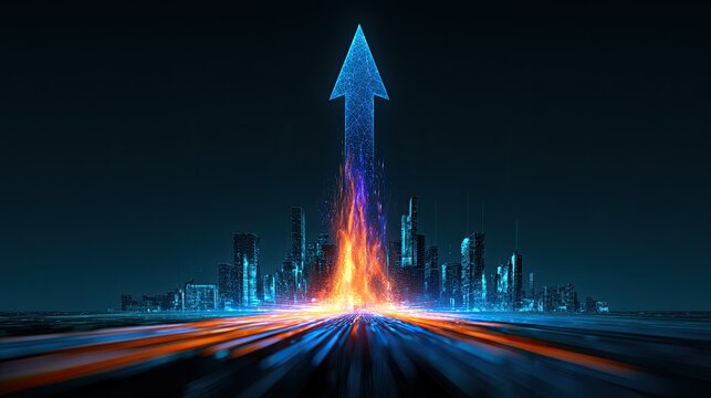 Neon arrow ascends above futuristic cityscape, igniting with vibrant energy