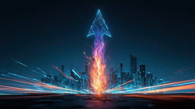 Abstract digital arrow erupts in flames over futuristic city skyline