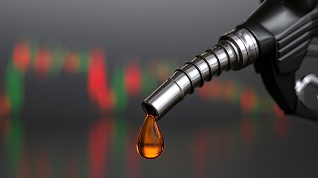 Fuel nozzle with oil drop, blurred market chart background