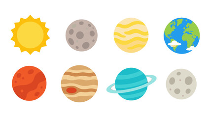 Set of cartoon planets and sun in flat vector style © Alan