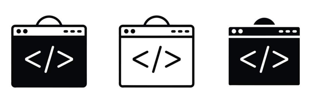 Coding web browser window icons in black and white for software development and programming