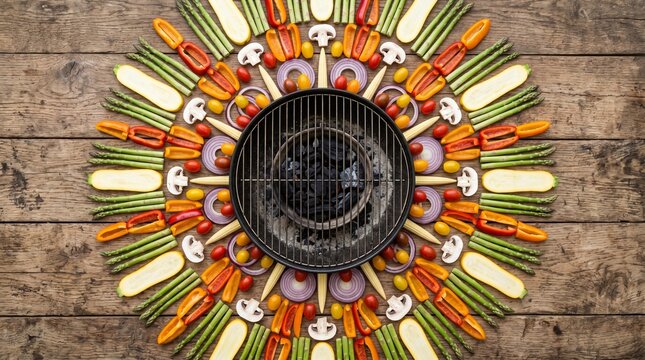 Top view of raw vegetables arranged in a circle around a charcoal grill
