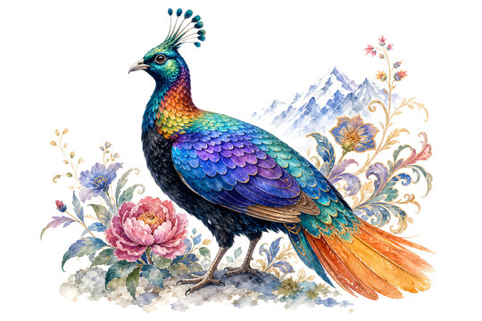 Colorful Himalayan Monal Watercolor With Floral Motifs