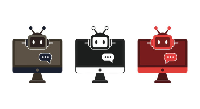Three colorful robot icons displayed on computer monitors in a row with different background colors and a friendly