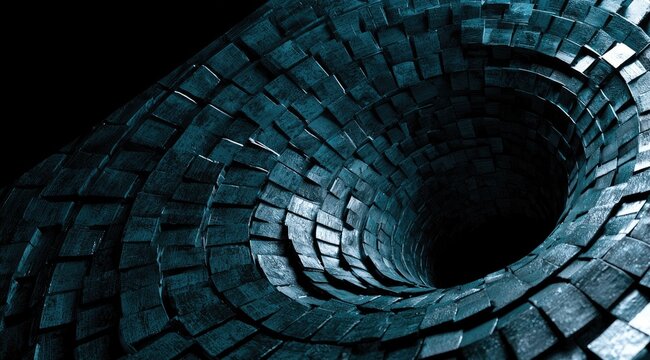 Swirling vortex of dark, metallic cubes descends into a black abyss