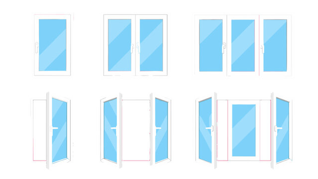 Set of white window frames with closed and open glass panels