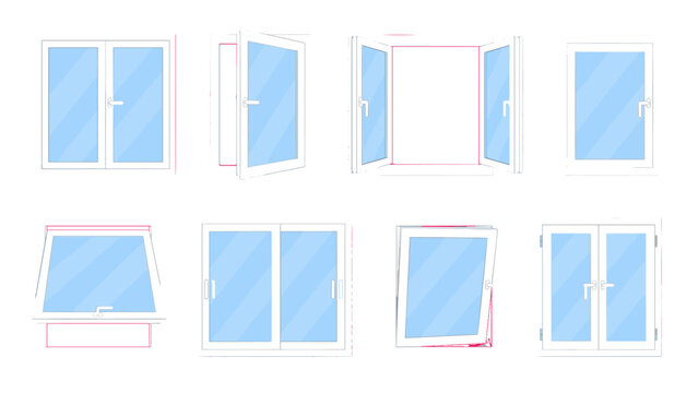 Set of window types with opening positions in vector style