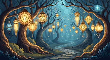 Fototapeta premium An enchanted forest path at night illuminated by glowing ornate lanterns. This magical fantasy illustration is ideal for backgrounds, storytelling, or fantasy themes.