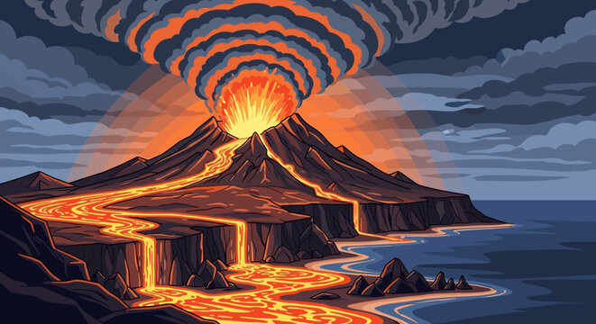 A dramatic vector illustration of a volcano erupting at night. Molten lava flows from the peak into the ocean, creating a powerful and epic natural landscape.