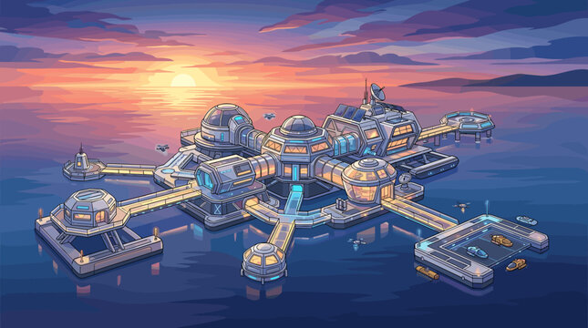 A detailed isometric illustration of a futuristic floating water base at sunset. This sci-fi colony represents concepts of future technology, exploration, and innovation.