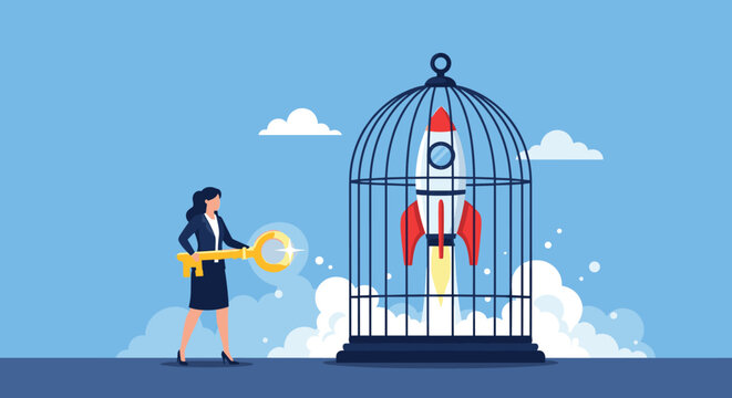 Determined businesswoman holding a large golden key to unlock a rocket ship inside a birdcage representing unlocking potential and freedom.