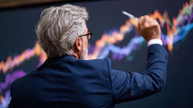 Older man in suit points to colorful graph on screen, analyzing data