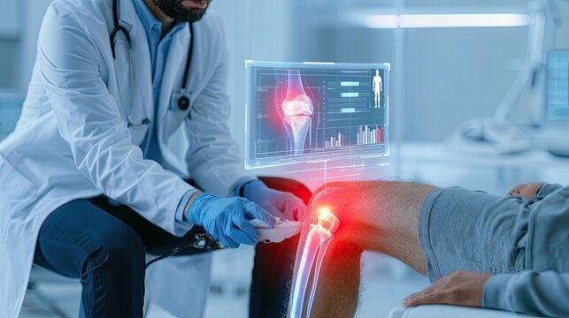 Doctor uses futuristic holographic display showing a knee joint x-ray and data