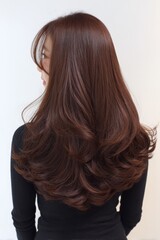 Fototapeta premium Beautiful young woman with long shiny chestnut brown hair featuring voluminous curls view from the back in a studio setting, perfect for hair care, beauty products, and professional salon advertising