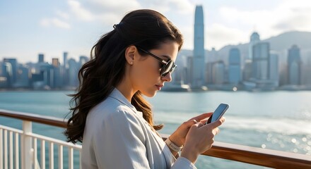Fototapeta premium A sophisticated woman checking her smartphone on a ferry with a stunning city skyline vista