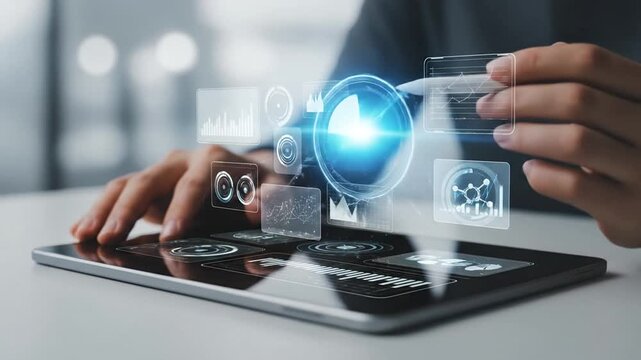 Business analyst using digital tablet and stylus to examine holographic financial data and growth charts in office