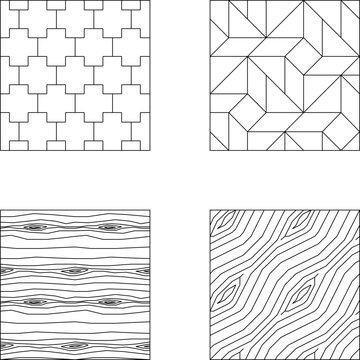 High quality low poly vector graphic compilation showing orthogonal square paving tile pattern frameworks and abstract parallel line art textures for modern classic backgrounds