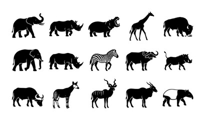 Obraz premium African safari animal silhouettes, set of 15 wild wildlife icons, black and white savanna fauna vector illustrations for nature conservation