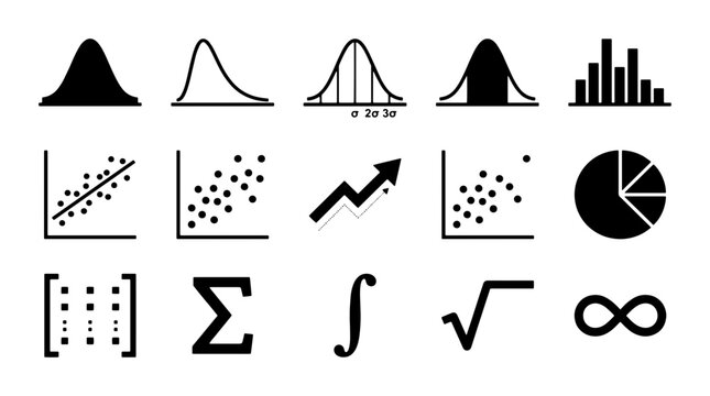 Minimalist statistics and mathematics icon set, 15 black vector symbols for data analysis, bell curve and probability distribution charts