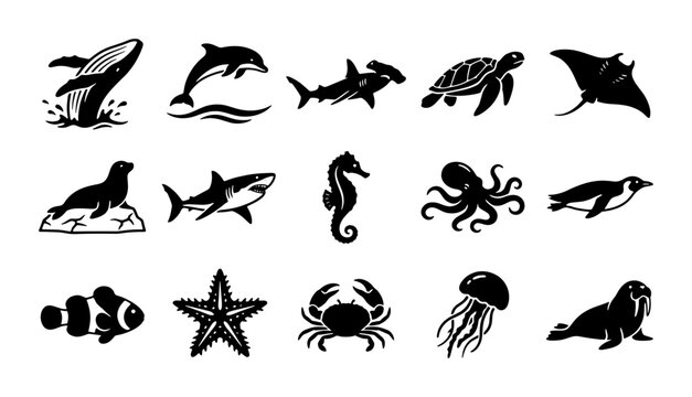 Black sea animal icons set, 15 marine life vector silhouettes, aquatic wildlife collection with whale shark and octopus, ocean creature graphics