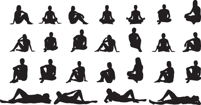 Meditation and seated people silhouettes collection, yoga relaxation poses and reclining human figures, black shadow characters vector illustration
