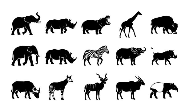 African safari animal silhouettes, set of 15 wild wildlife icons, black and white savanna fauna vector illustrations for nature conservation
