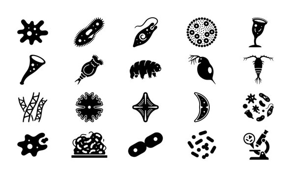 Microscopic organism icon set, 20 black vector silhouettes of bacteria and plankton, microbiology laboratory symbols for science education