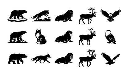 Arctic animal silhouette icons, 15 black vector wildlife elements. Polar bear, walrus, reindeer, fox, and owl symbols for nature logos © Asset Aura