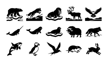 Arctic animals icon set, 15 black polar wildlife vector silhouettes, northern fauna collection with polar bear, whale, and reindeer icons © Asset Aura