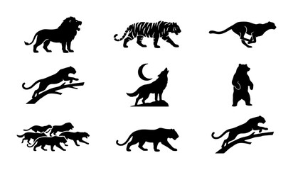 Wild animal silhouettes collection, set of 9 black predator icons, lion tiger and wolf vector graphics, safari wildlife silhouettes for logo design © Asset Aura
