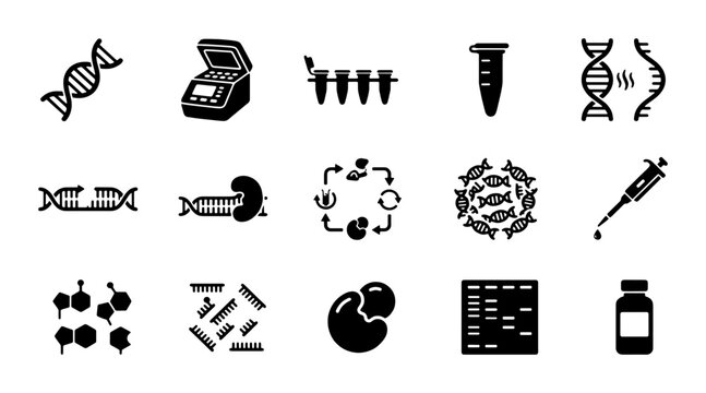 Biotechnology and genetic engineering icon set, 15 black silhouette laboratory symbols, DNA helix and molecular biology research vector elements
