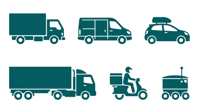 Various delivery vehicles including trucks, vans, cars, and a delivery robot in a simple design
