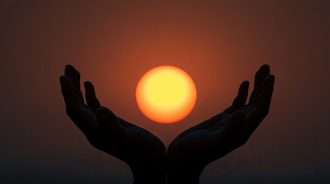 Cupped hands silhouette hold a glowing sun against a dusky sky