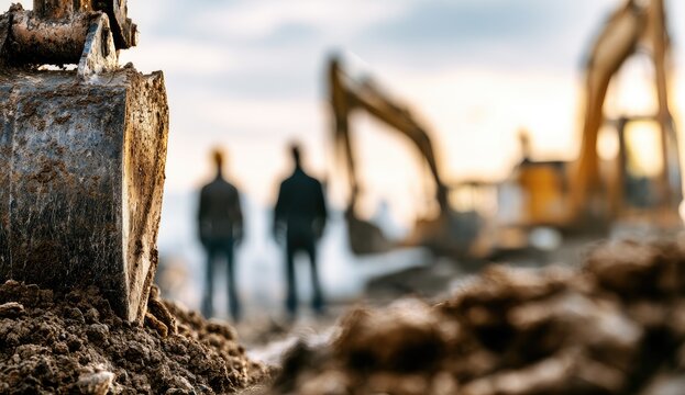 Excavator bucket in foreground, workers and machines in hazy background