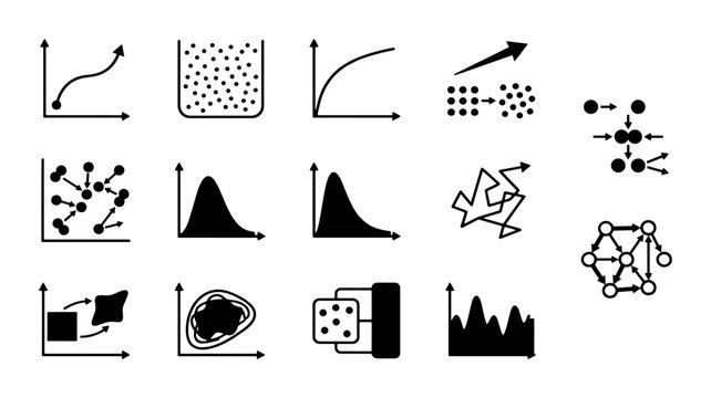 Scientific data visualization icons set, mathematical graph and physics diagram symbols, black line vector illustrations for research
